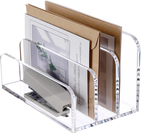 SANRUI Acrylic File Mail Desktop Organizer - 3 Compartments Clear Desk Letter Sorter for Office Documents