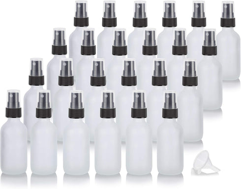 JUVITUS 2 oz Frosted Clear Glass Boston Round with Black Mist Sprayer, 24 pack + Funnel