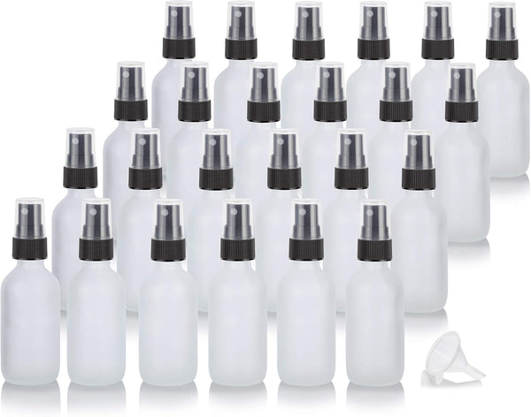 JUVITUS 2 oz Frosted Clear Glass Boston Round with Black Mist Sprayer, 24 pack + Funnel