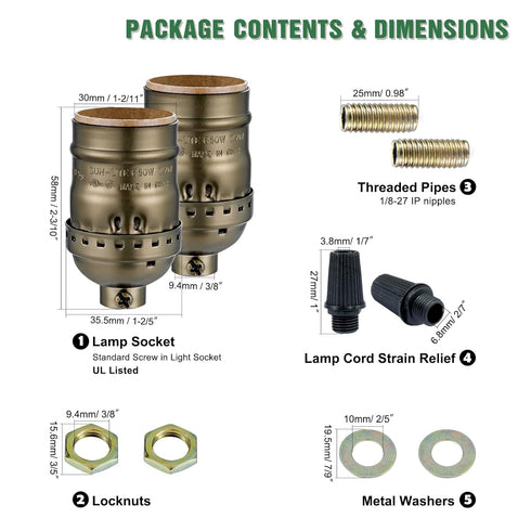 E26 (2, Keyless Lamp Socket, Standard Medium Screw Vintage Light Socket, Edison Lamp Socket Holder Replacement, No