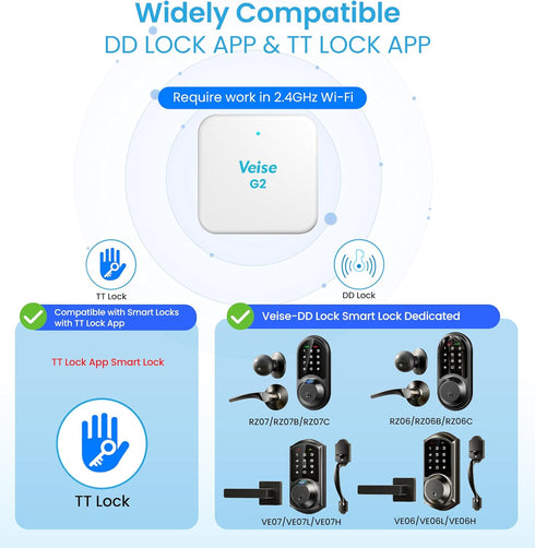 G2 Veise Gateway, Smart Deadbolt Wi-Fi Gateway, Remote Control, Compatible with DD Lock APP and TT Lock APP Remote