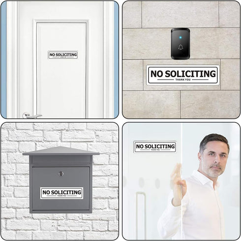 No Soliciting Sign, Self Adhesive Aluminum Sign, 2" x 7" White with Black Letters for House Business, 2 Pack