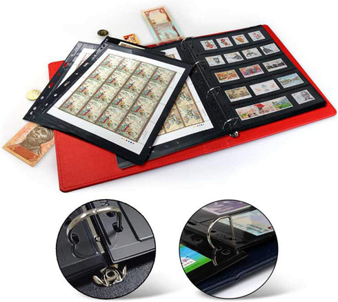 MUDOR Premium PU Classic 4 Ring Binder, Empty Stockbook for Stamps, Documents, Coins, Red