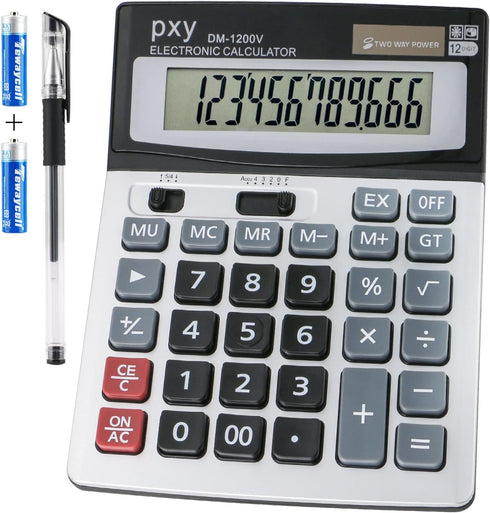 Desk Calculator, 12 Digit Extra Large LCD Display, Big Buttons, PXY Two Way Power Battery and Solar for Office