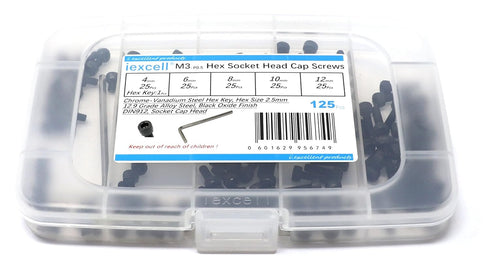 iexcell 125 Pcs M3 x 4/6/8/10/12 Alloy Steel 12.9 Grade Hex Socket Head Cap Screws Bolts Assortment Kit