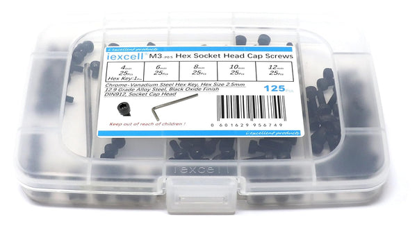iexcell 125 Pcs M3 x 4/6/8/10/12 Alloy Steel 12.9 Grade Hex Socket Head Cap Screws Bolts Assortment Kit