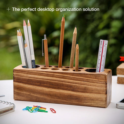 Solid Pine Wood Pen Holder for Desk – Stylish Wooden Pencil Holder and Fountain Pen Desk Organizer