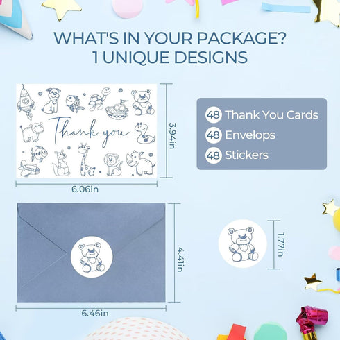 Oaken Leaford 48-Pack Set Baby Shower Thank You Card with Envelopes & Stickers, Cute Blue Cartoon Design Blank Note