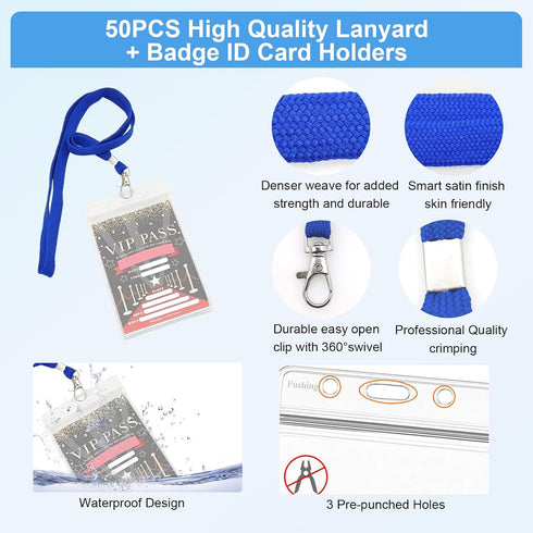 50pcs Fushing Clear Plastic Vertical Name Tags Badge ID Card Holders and Blue Neck Lanyards with Swivel Hook