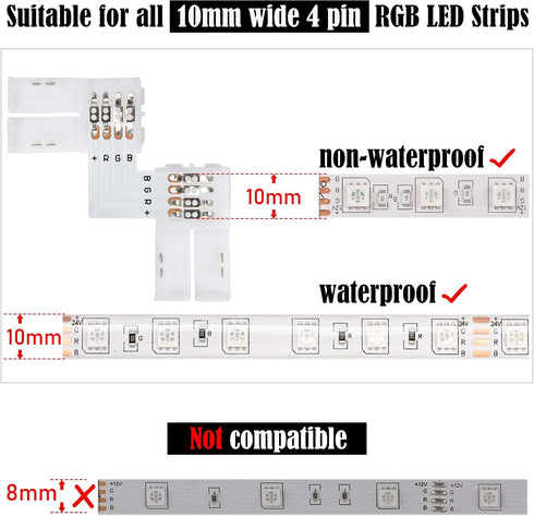 20Packs 4-Pin 22Pcs 10mm 10mm 4pin JACKYLED L Shape LED Connectors with Clips for Strip Lights