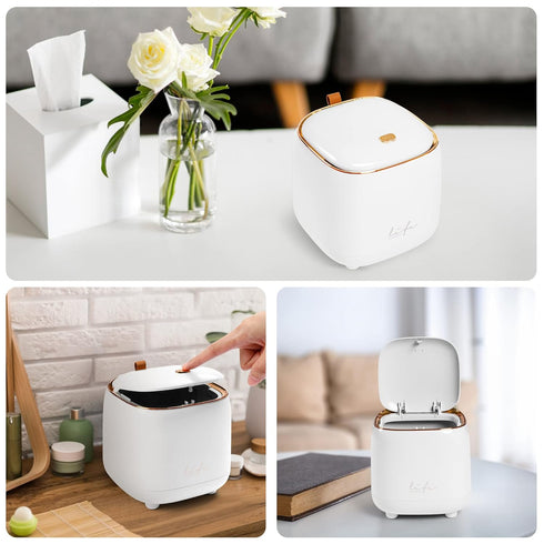 Mini Countertop Trash Can with 10 Rolls of Trash Bags - Waste Can with Press Type Lid for Bathroom Vanity, White