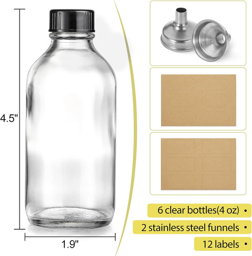 6 Pack Small Clear Glass Bottles 4 oz with Lids & 2 Stainless Steel Funnels, 120ml Boston Sample Bottles