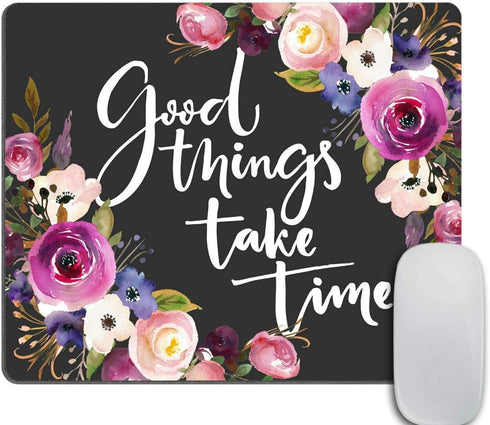 Smooffly Custom Office Mouse Pad, Good Things Take Time Motivational Quote, Rectangle Pink Bordo Violet Floral