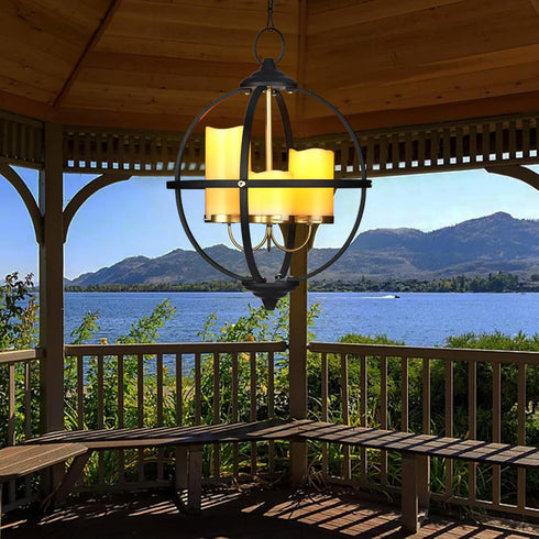 SUNNYPARK 3 12.6" Battery Operated Outdoor Candle Chandelier - Black and Gold Metal Globe Hanging Pendant Light