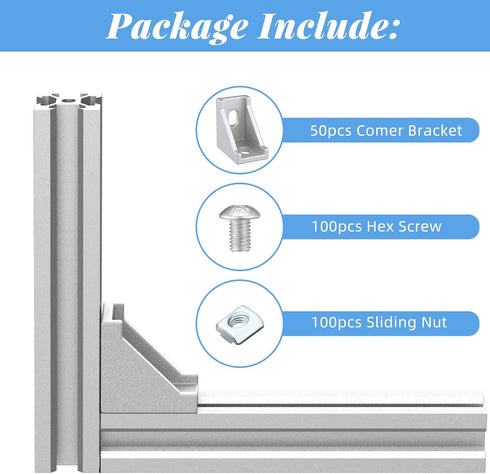 Therwen 50 Sets 2020 Series Aluminum Profile Connector Set, 50 Pcs White Corner Bracket for Aluminum Rail Accessories