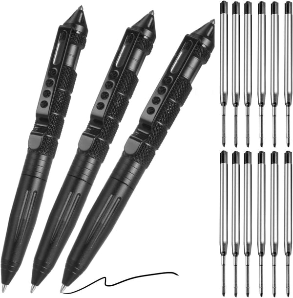 Tungsten Steel Military Tactical Pen, 3 Pack with 12 Black Ballpoint Refills, Emergency Self Defense, Professional