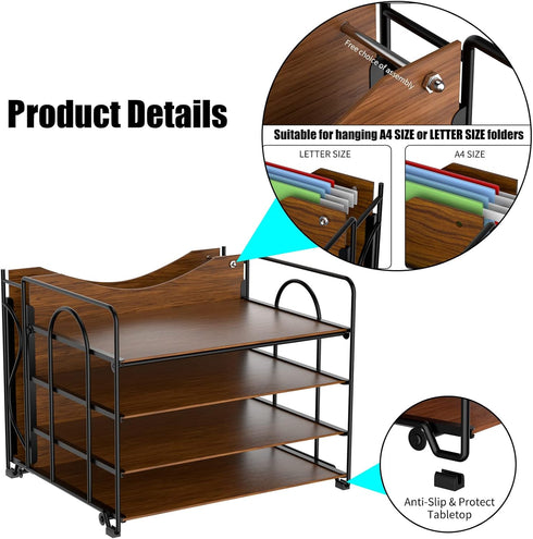 Black Desk File Organizer, 4-Tier Wood Organizers with 5 A4 File Folders, Letter Size for Office, School, Home