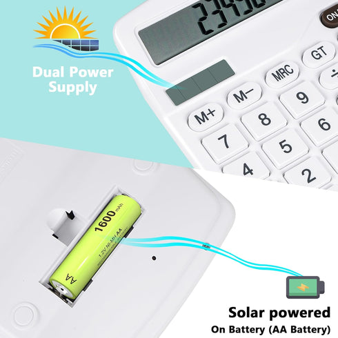 Cute White Desktop Calculator, Big Buttons, Dual Power Source, Large Display Screen for Office