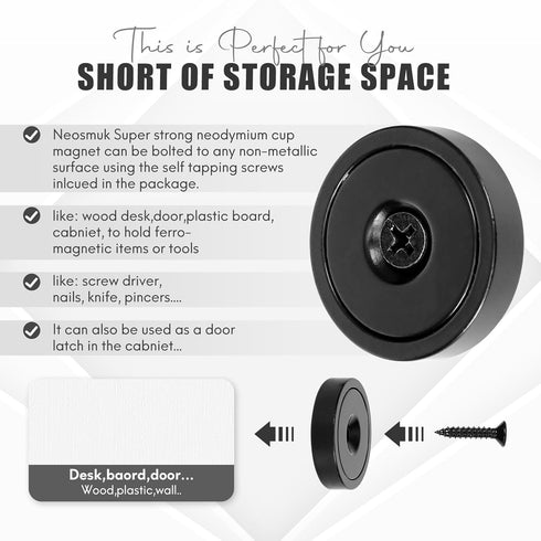 Screws,130lbs+ Holes,Countersunk Mounting,6 Pack,Black Neosmuk Magnets with Heavy Duty Rare Earth Neodymium Mounting