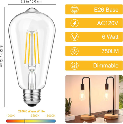 Svater 4-Pack Vintage LED Edison Bulbs 60W Equivalent, 6W ST58 2700K Warm White Antique LED Filament Bulbs, E26 Medium