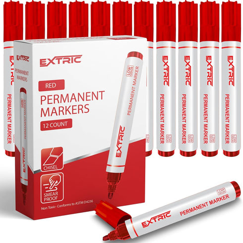 Permanent Markers, Chisel Tip, Red, Quick Drying Ink, Works on Paper, Wood, Plastic, Metal, Glass for Home, Office,