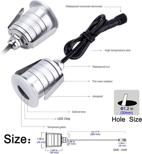 LED Step Lights, 1W 12V-24V DC, Waterproof IP67, Aluminum, 3000K Warm White, Indoor Outdoor Stair Lighting
