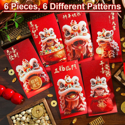 BAIWOVIS 6 Pack Packets, 1) Chinese New Year Red Envelopes, Traditional Lunar New Year of Horse Money Lucky Money
