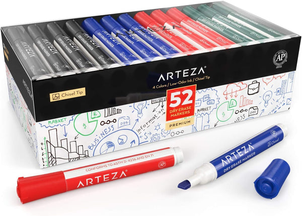 ARTEZA Dry Erase Markers, 52-Pack, Chisel Tip, 4 Assorted Colors, Low-Odor Ink