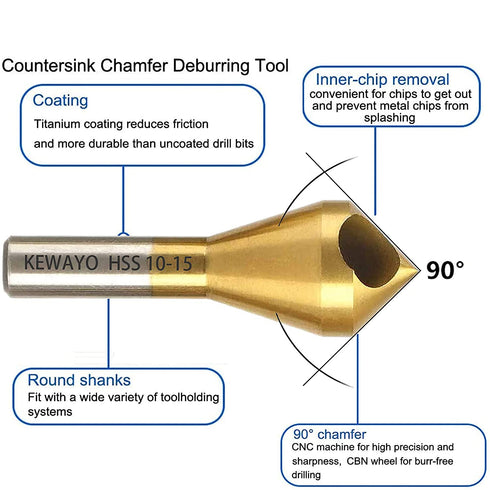KEWAYO 4pcs Titanium Coated Countersink Chamfer Tool Set, Metal Wood Drill Bits for Deburring