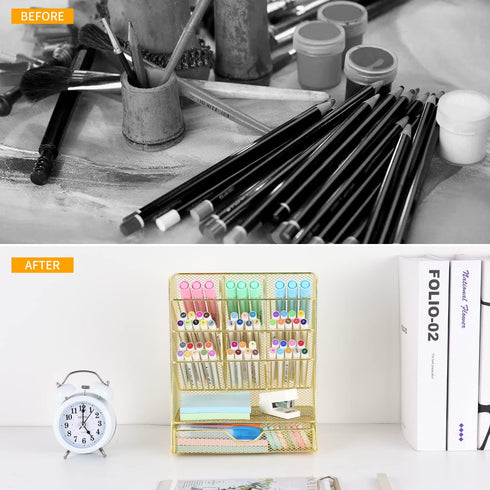 Spacrea Mesh Pen Organizer - Pencil Holder for Desk, Desk Organizer with Drawer for School, Home, Art Supplies (Gold) by Spacrea