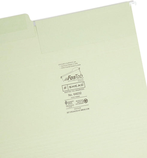 Smead Erasable FasTab Hanging File Folder, 1/3-Cut Built-in Tab, Letter Size, Moss, 20 per Box (64032)