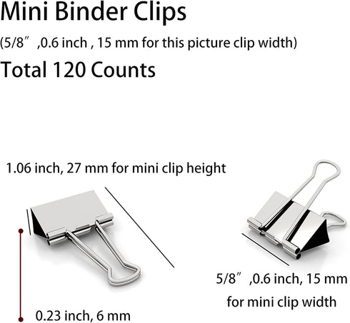 Silver Binder Clips Mini Metal Clamp 5/8-IN / 0.6-inch / 15-mm (Silver Mini 120-PCS) by nctinystore