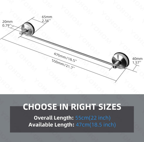 22 Inch YOHOM Suction Cup Towel Bar for Shower Stainless Steel Bathroom Hand Towel Holder Suction Washcloth Holder