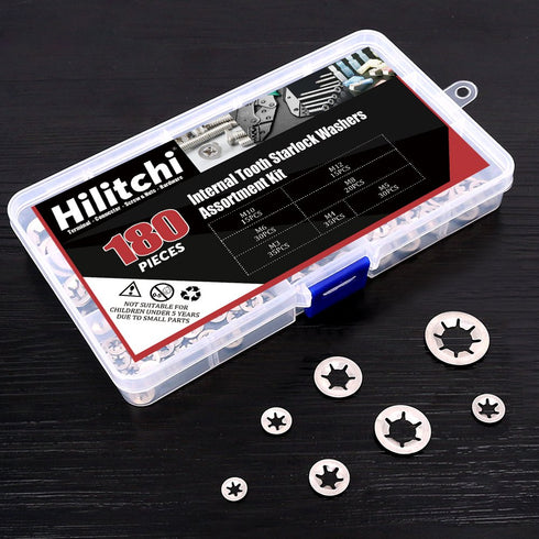 Hilitchi 180 Piece 304 Stainless Steel Internal Tooth Starlock Washers Assortment Kit - 7 Sizes