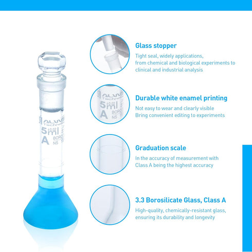2PCS 5ML Volumetric Measuring Flask Set NS10/13, Graduated Glass Stopper, ASTM Class A Borosilicate Glass 3.3 for