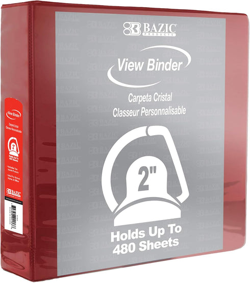 BAZIC 3 Ring Binder, 2" View Binders Slant D Ring Organizer - Burgundy, Holds 480 Sheets Paper, for School Office Home,