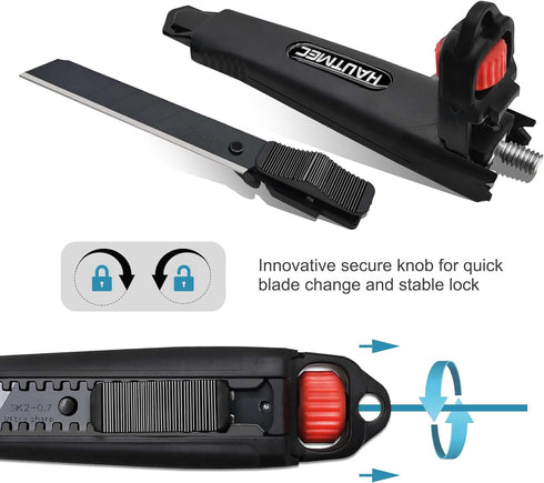 HAUTMEC 18mm Extra Heavy Duty Utility Knife with Double Lock Mechanism and 10pc Blade Set, SK2 Sharp Black Blade for