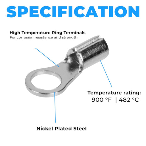 High-Temperature Ring Terminals, 16-14 AWG Wire Size, 1/4" Stud Size, Nickel Plated Steel, Pack of 100 Pcs, OL-05384