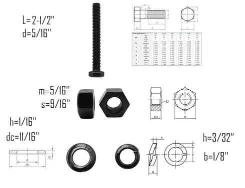 LBY 8 Sets 5/16-18×2-1/2'' Hex Head Screws Bolts(Fully Threaded), Nuts(Heavyd), Flat & Lock Washers Kit, Alloy Steel (Black)