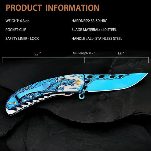 Pocket Knife for Men, Cool Folding Knife with 3D Blue Dragon Embossed Relief, Great EDC Gift for Outdoor Survival