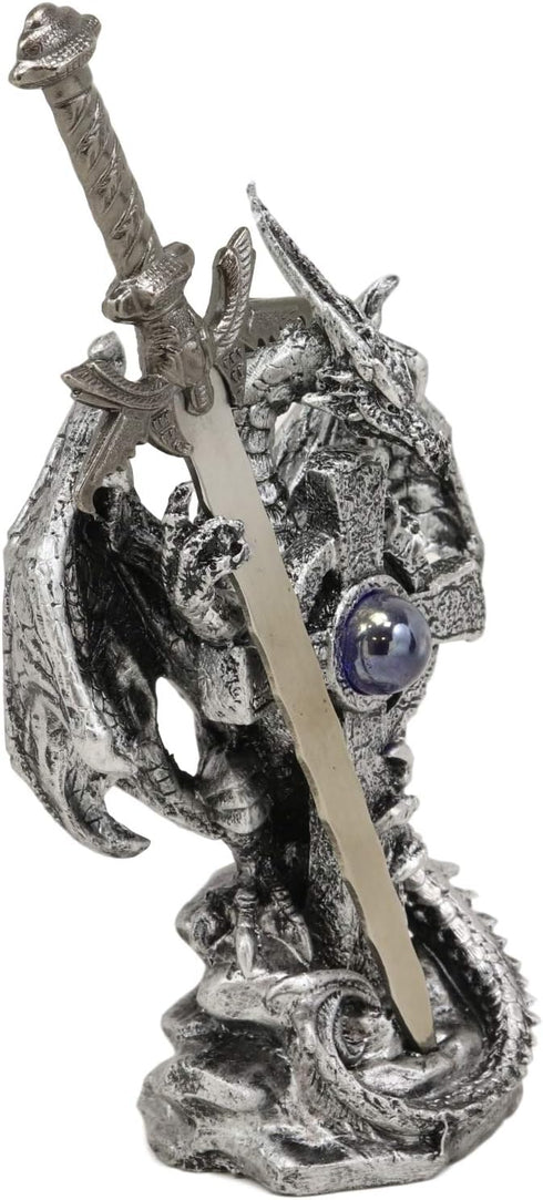 Ebros Gift Legendary Silver Dragon Guardian of The Celtic High Cross Letter Opener Figurine Sculpture