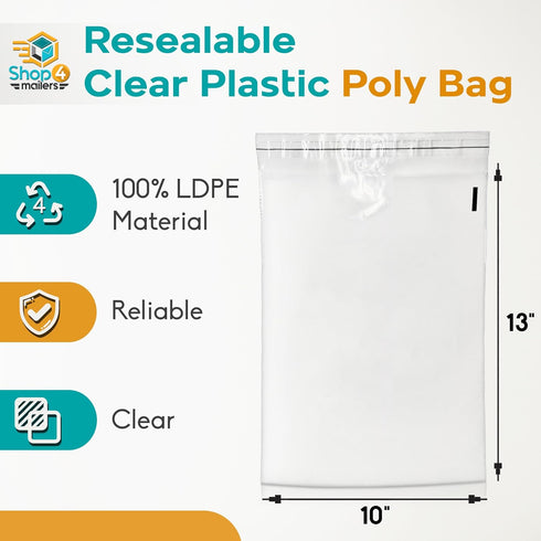 10 x 13 Clear Plastic Poly Bags 1.5 Mil Self Seal Packaging for Apparel, Jewelry, Documents, Prints, Gifts, Storage – Resealable (100 Pack)