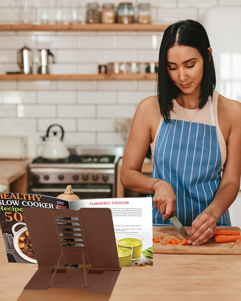 MSDADA Desk Book Stand Metal Reading Rest, Adjustable Cookbook Holder for Recipes and Textbooks (Brown)