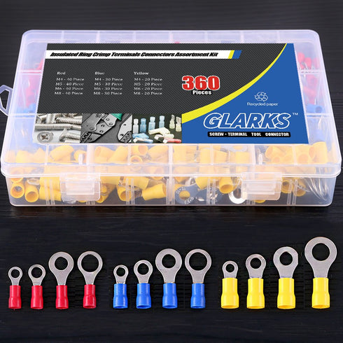 Glarks 360pcs Mixed Quick Disconnect Electrical Insulated Connectors, M4 / 5/6 / 8 Ring Crimp Terminals