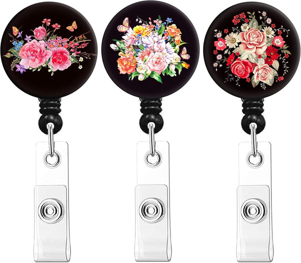 Nursing Badge Reels Retractable Clip - Cute Peony Badge Holder Name Decorative ID Card Holders (3 Pack)