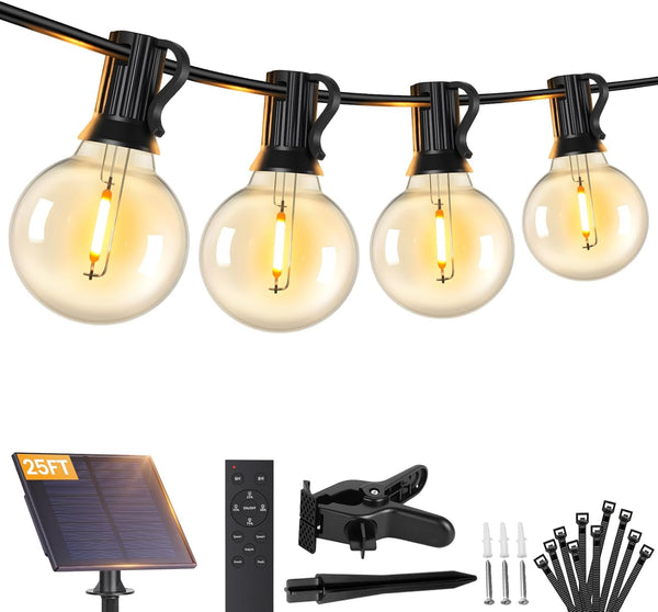 Brightever 25FT Solar String Lights Outdoor Waterproof, G40 Solar Lights with Remote