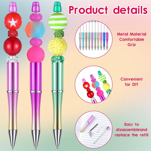 Yeaqee 150 Pieces Beadable Pens Kit, 50 Pieces Colors Plastic Beaded Ballpoint Pens, 50 Pieces Foil Thank You Cards