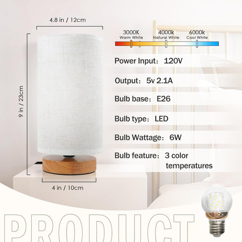 Small Bedside Table Lamp with 3 Color Temperatures | Minimalist Dimmable Nightstand Lamp for Study & Reading