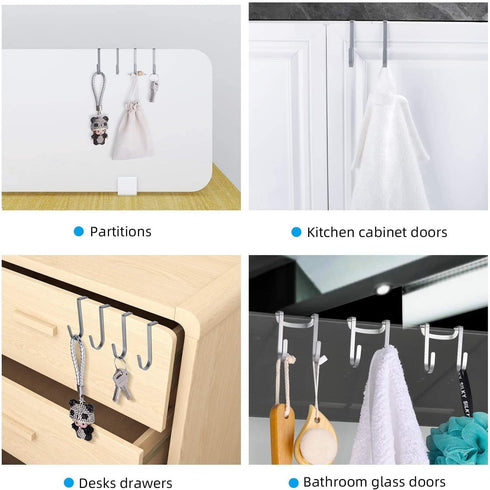 4 Pack Over Cabinet Drawer Double Hooks, Stainless Steel Narrow Door Hook for Kitchen, Bathroom, and Wardrobe Door