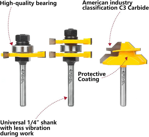 Set 45 1/4 Inch MNA Tongue and Groove Router Bits & Degree Lock Miter Router Bit, Shank Wood Milling Cutter Bits